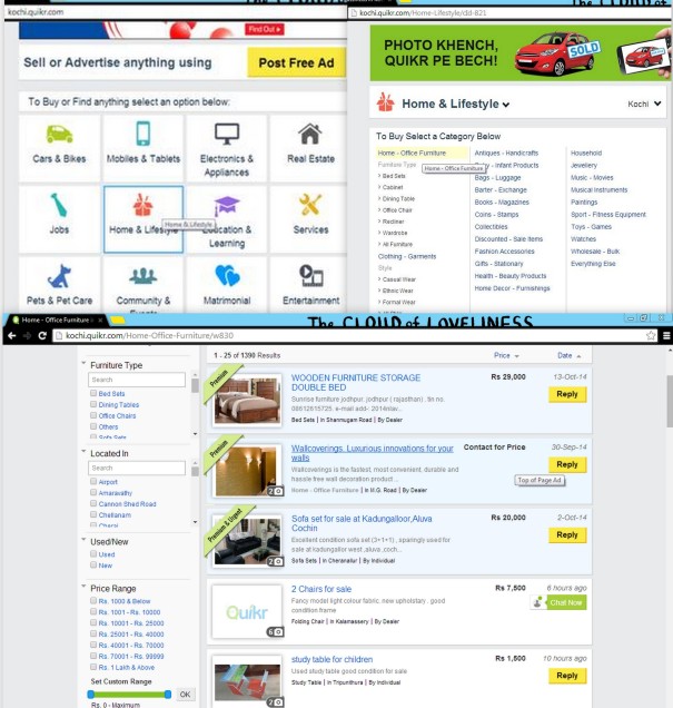 Top left: Homepage Top right: Category choice Bottom: Product listings